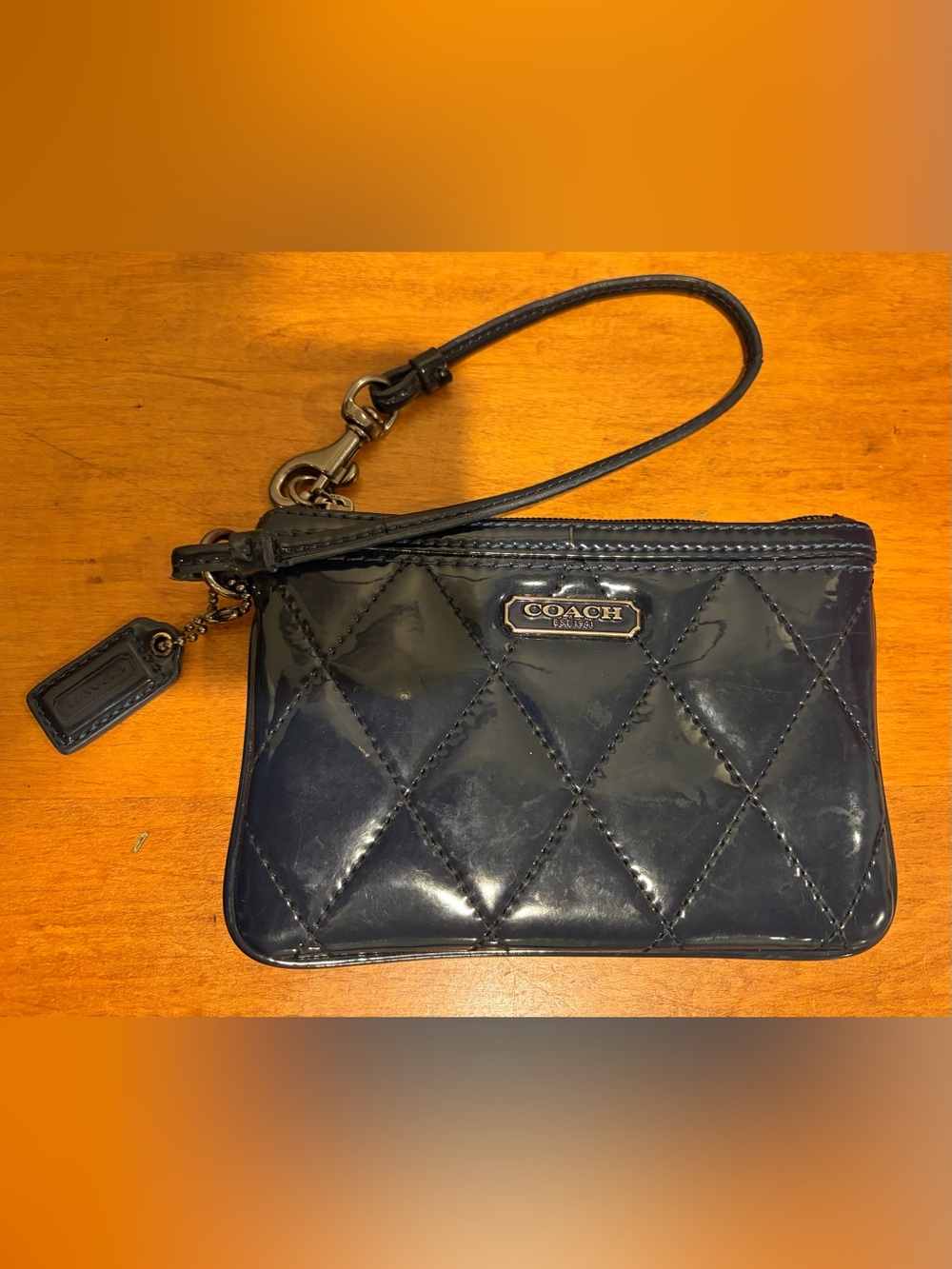 Coach Navy Quilted Patent Wristlet with Logo Plaque